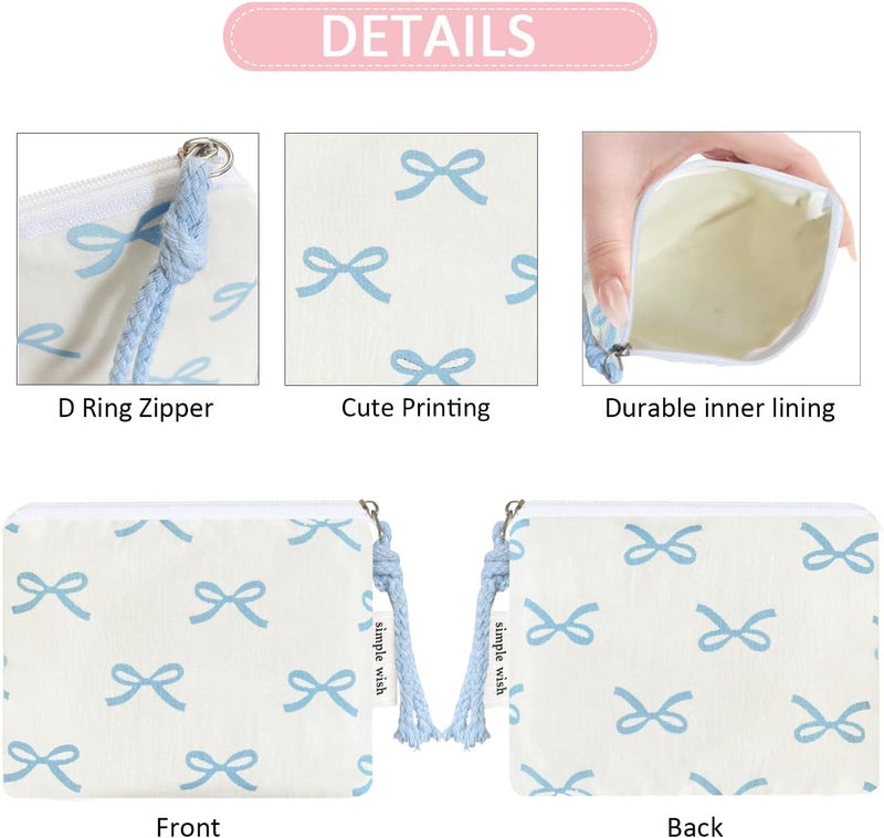 Modacarry Store Cotton Floral Small Organizer Bag Coin Pouch with Cute Prints Zipper for Women Girls (BLUE BOW) - Image 4